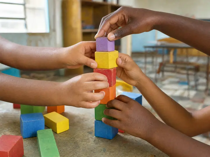 Mãos de várias crianças montando juntas uma torre de blocos coloridos