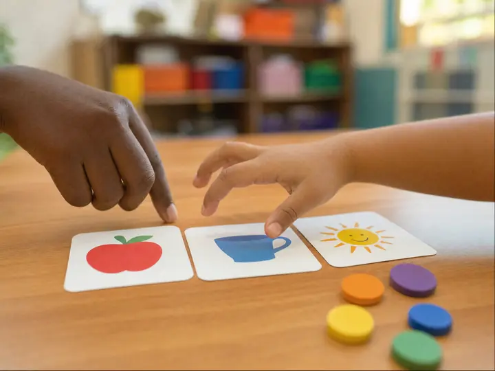 A mão de uma professora e a de uma criança escolhendo entre cartões de comunicação com figuras