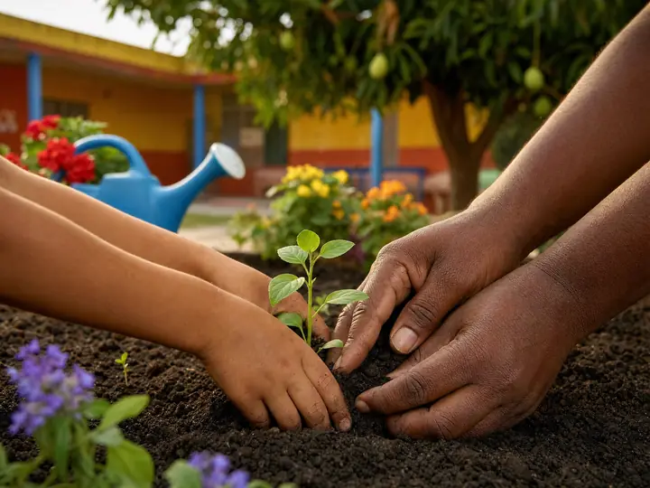 A mão de uma criança e a de um adulto plantando juntas uma muda