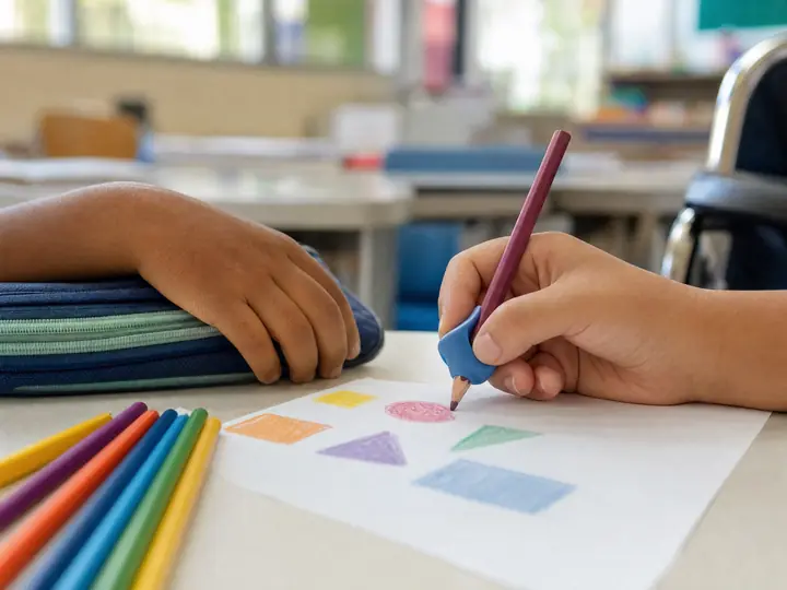 A mão de um estudante desenhando com um lápis de apoio adaptado