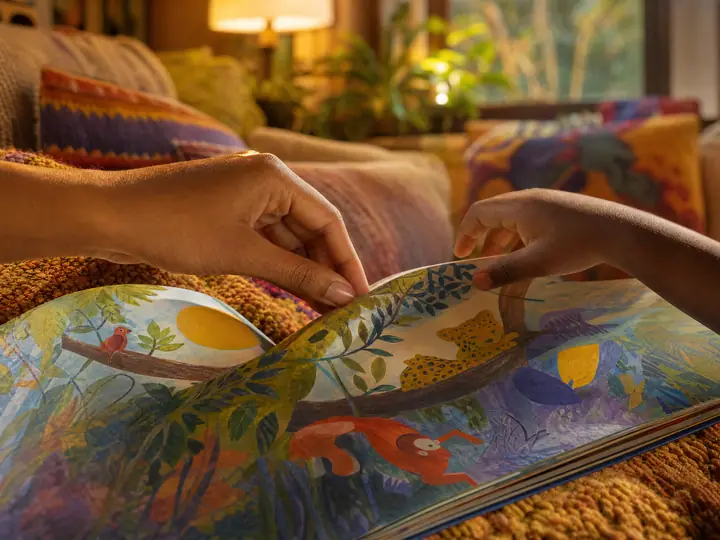 A mão de um adulto e a de uma criança virando juntas a página de um livro ilustrado